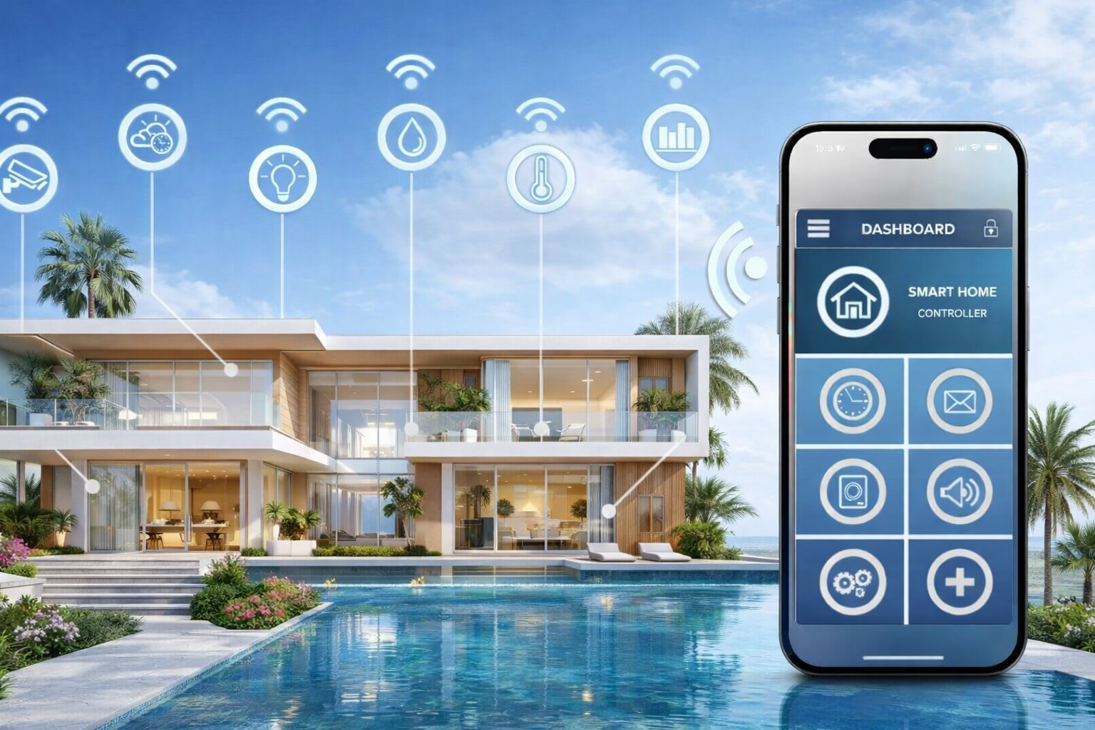 Smart Home Steuerung per Smartphone für modernes Einfamilienhaus mit Pool